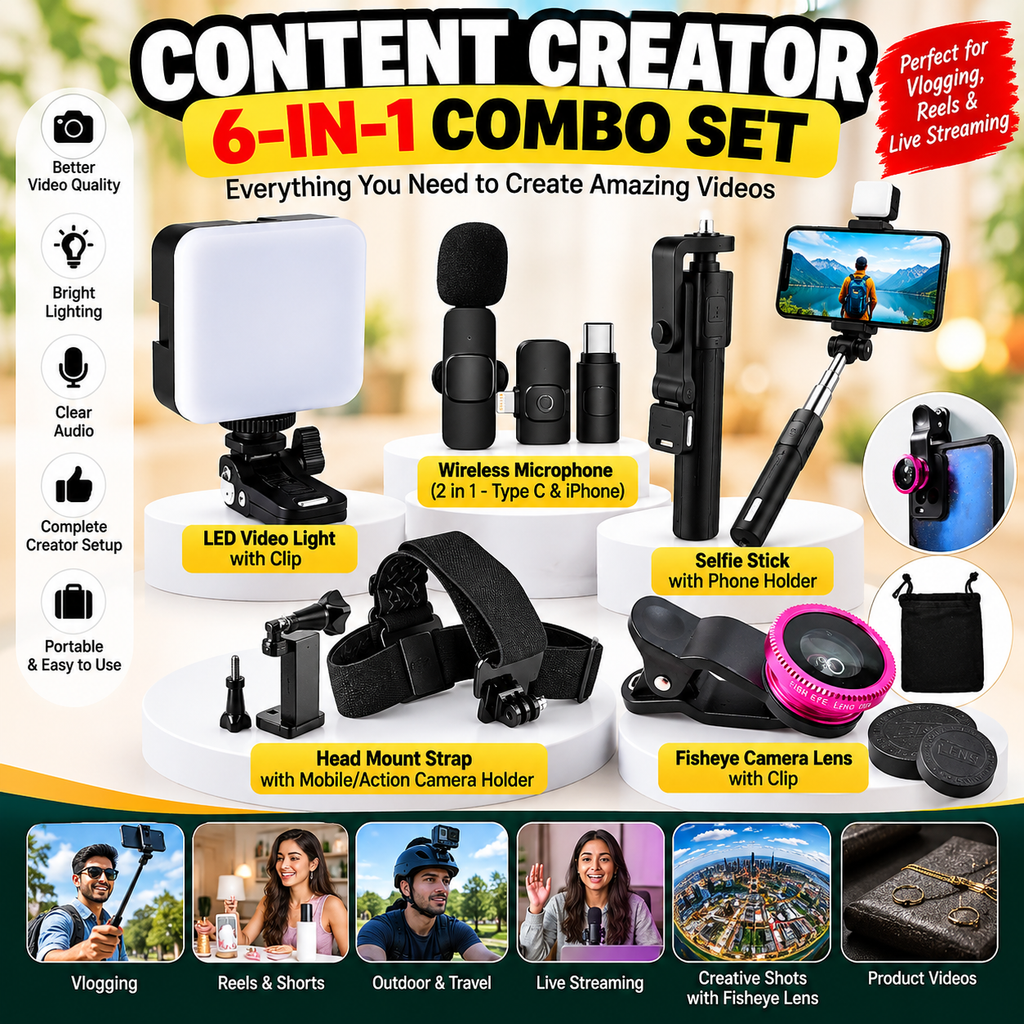 6-in-1 Mobile Content Creator Combo Kit | LED Light, Wireless Mic, Selfie Stick, Tripod, Head Mount & Fisheye Lens
