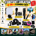 6-in-1 Mobile Content Creator Combo Kit | LED Light, Wireless Mic, Selfie Stick, Tripod, Head Mount & Fisheye Lens